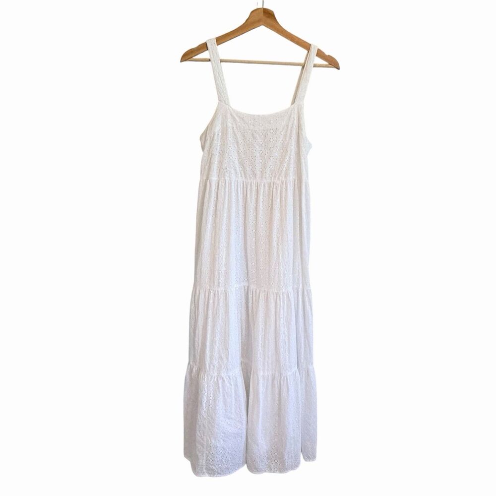 The Drop White Boho Cottage Eyelet Tiered Maxi Dress Size XS Cotton Coastal